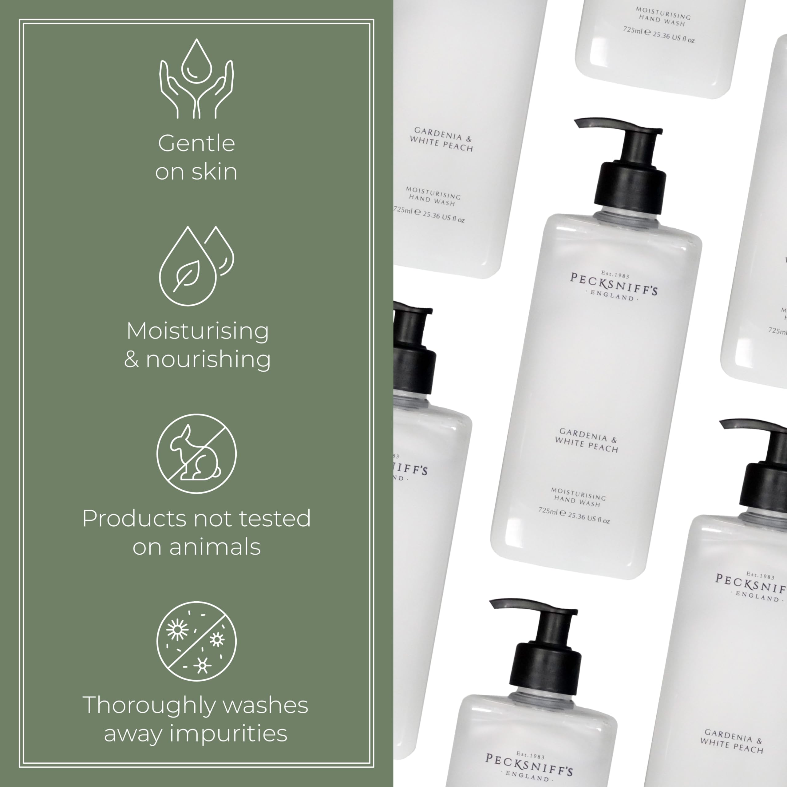 Creamy lather demonstrates a gentle, pampering cleanse from Pecksniff's hand wash.
