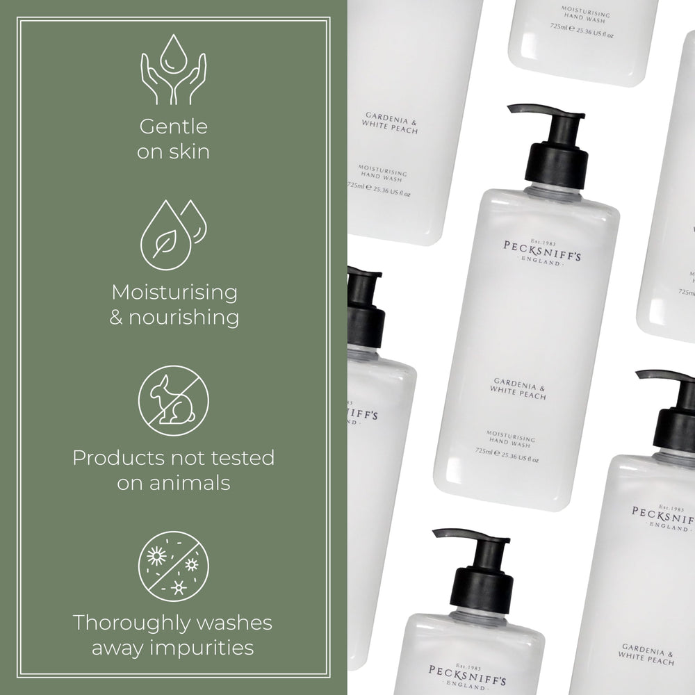 Creamy lather demonstrates a gentle, pampering cleanse from Pecksniff's hand wash.