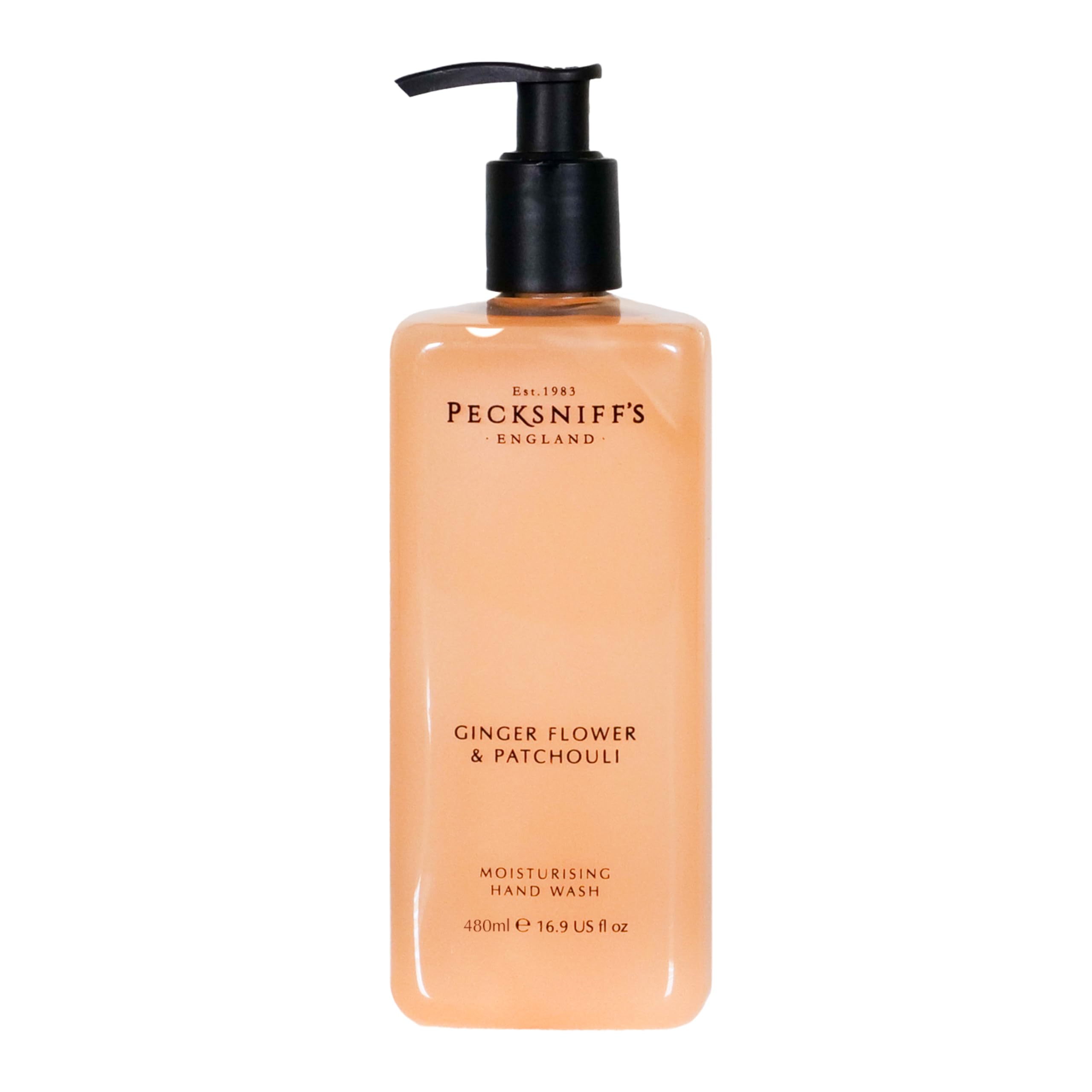 Pecksniff's Ginger Flower and Patchouli hand wash bottle front view, elevating bathroom decor.