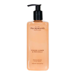 Pecksniff's Ginger Flower and Patchouli hand wash bottle front view, elevating bathroom decor.