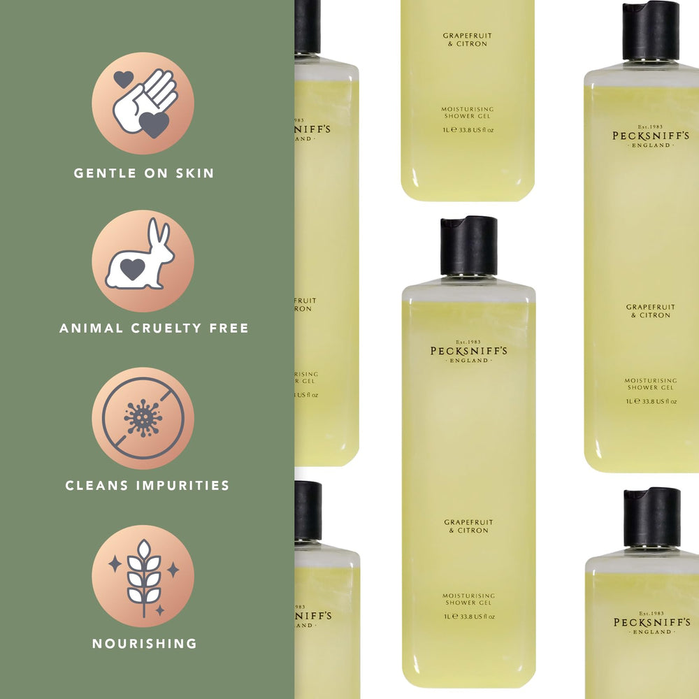 Pecksniff's Grapefruit & Citron Shower Gel in a bathroom scene for daily use