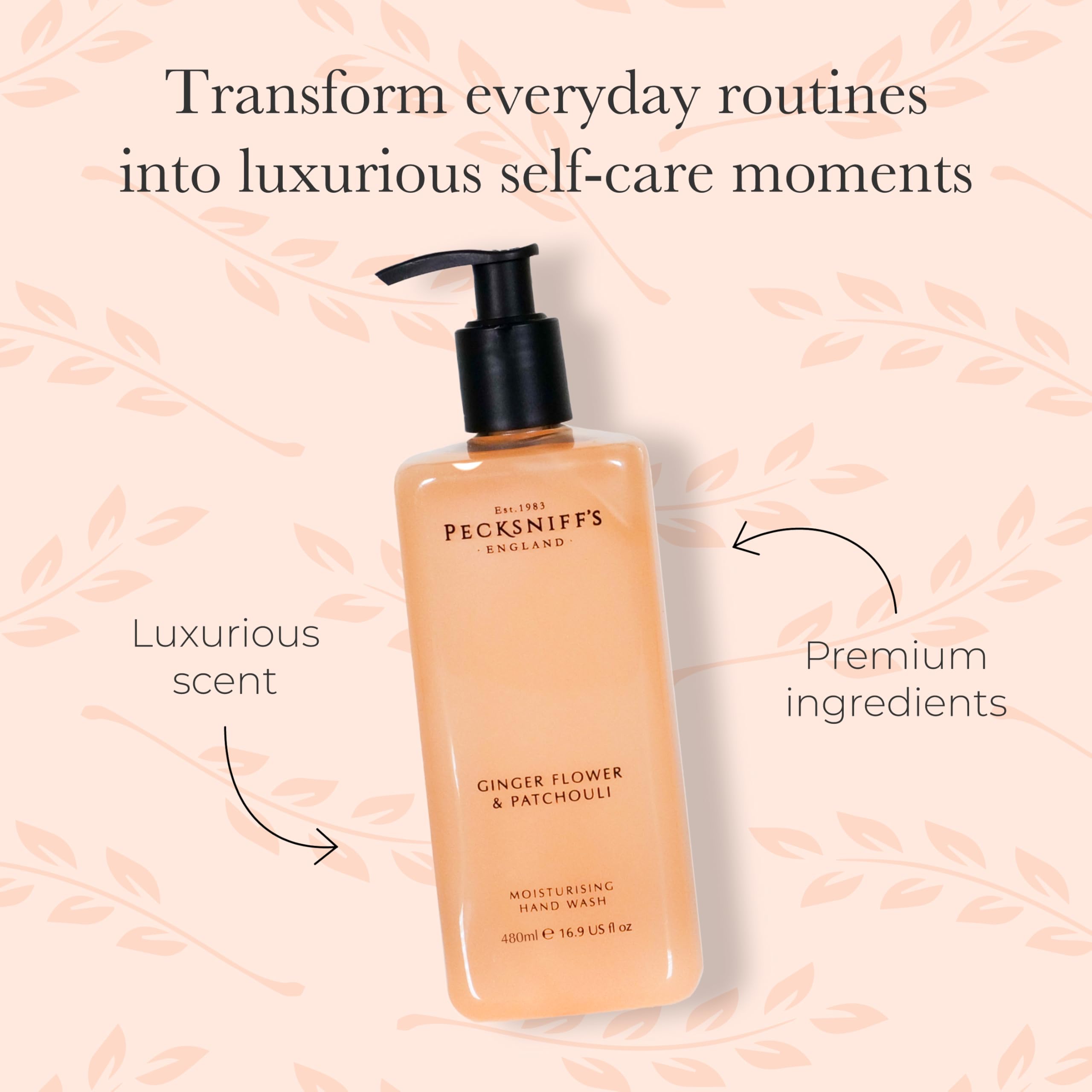 Pecksniff's hand wash pump close-up, showing moisturizing lather and premium feel.