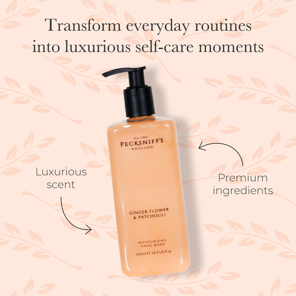 Pecksniff's hand wash pump close-up, showing moisturizing lather and premium feel.