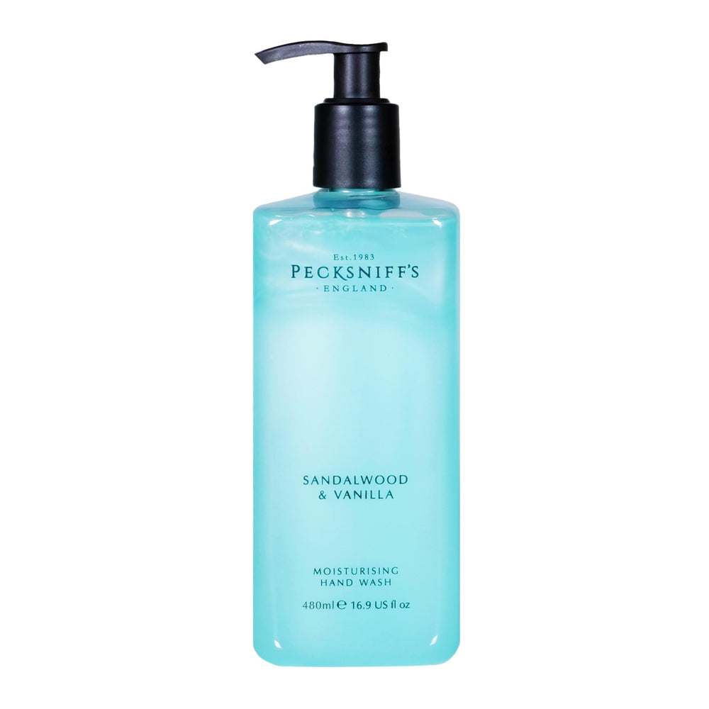Pecksniff's Hand Wash bottle on display with Sandalwood and Vanilla fragrance for luxury.