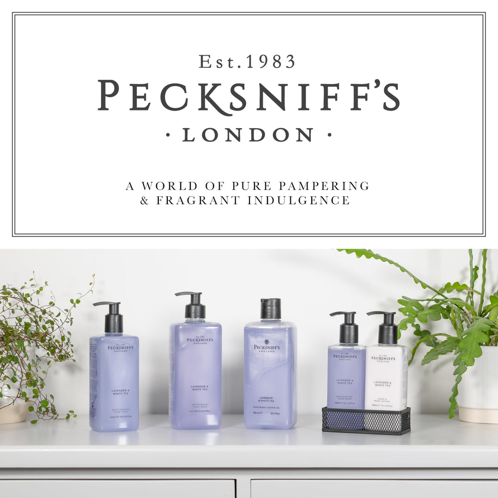Pecksniff's Lavender & White Tea bottle on shelf complements decor.