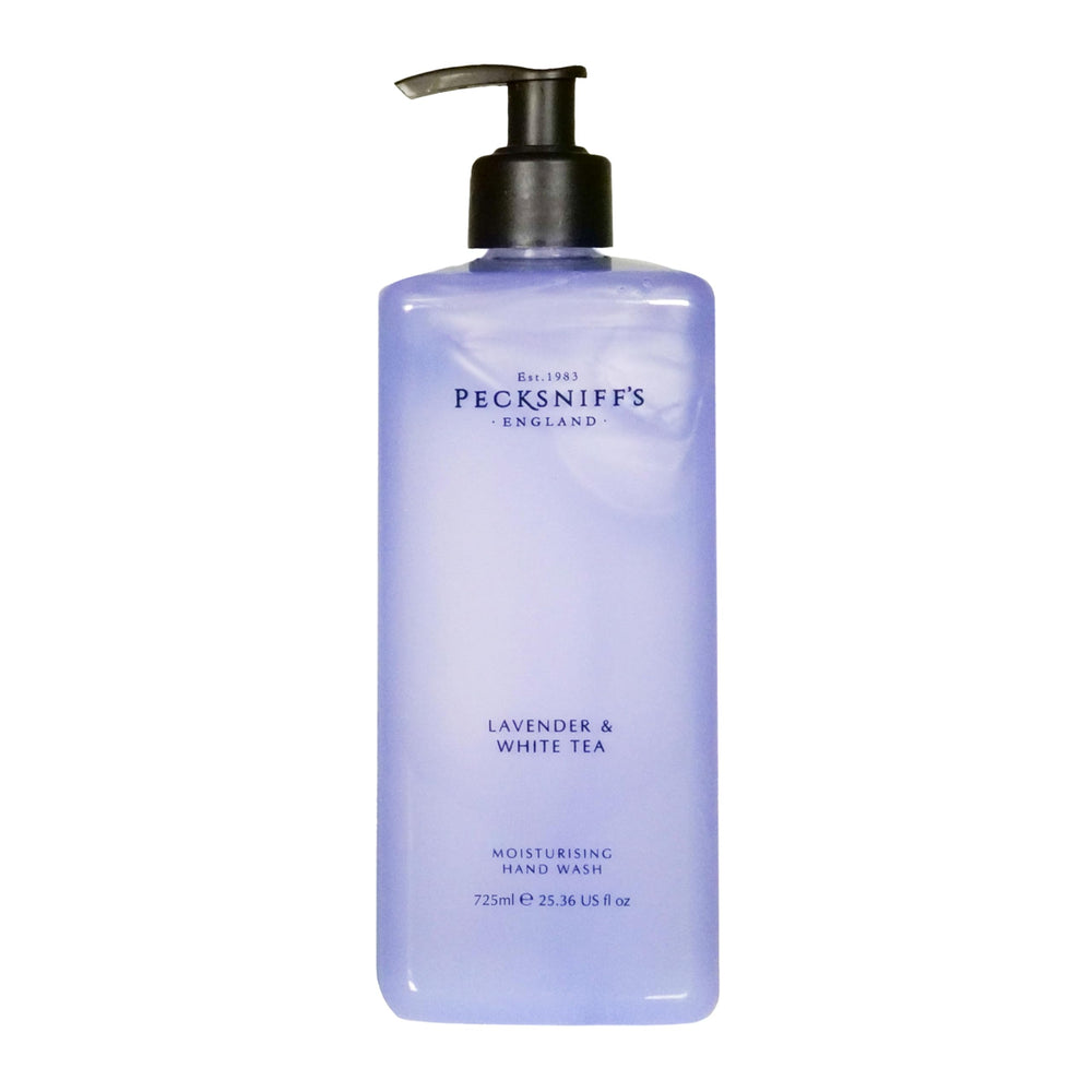Pecksniff's Lavender & White Tea hand wash bottle for daily cleansing with luxurious scent.