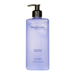 Pecksniff's Lavender & White Tea hand wash bottle for daily cleansing with luxurious scent.