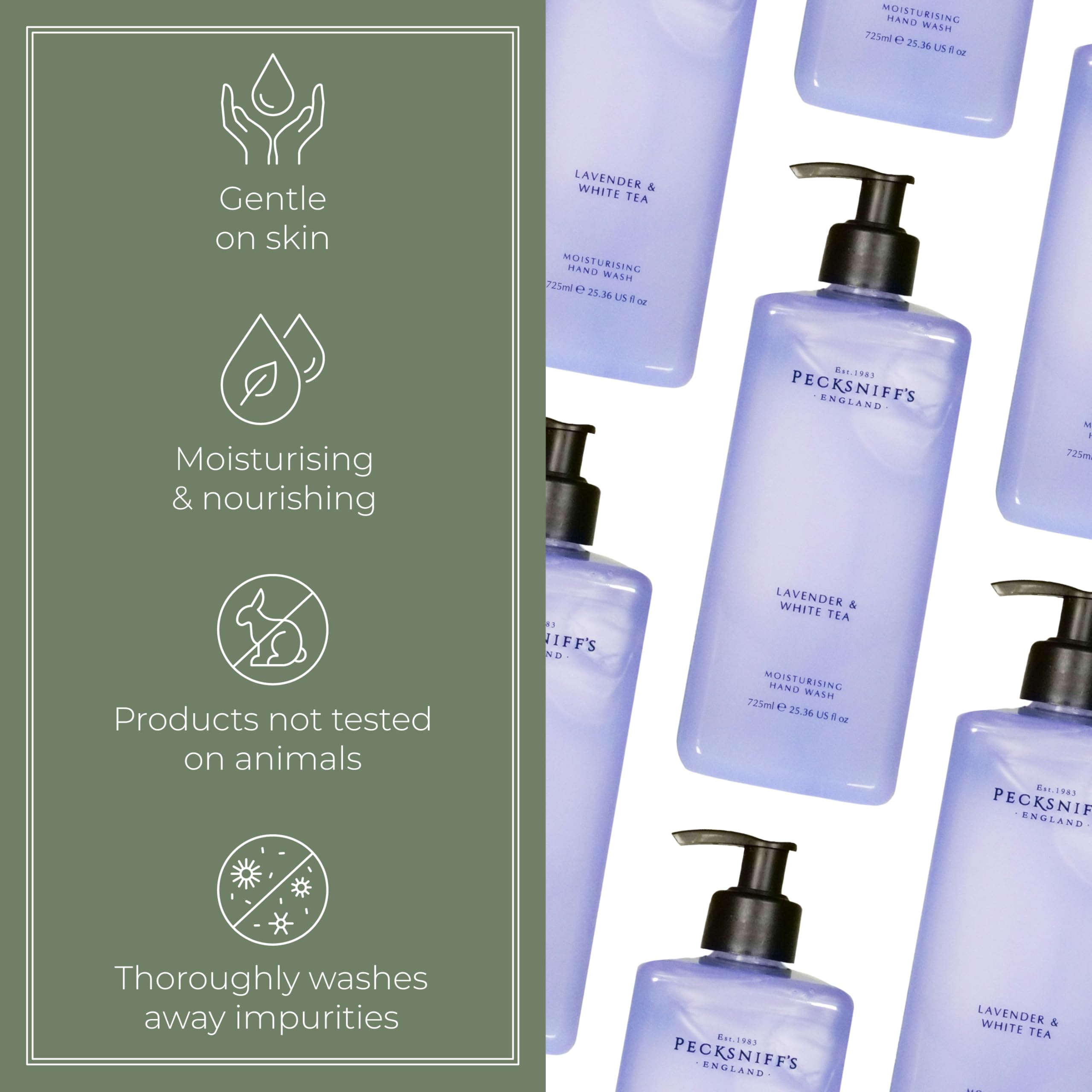 Pecksniff's Lavender & White Tea hand wash foam delivers rich lather.