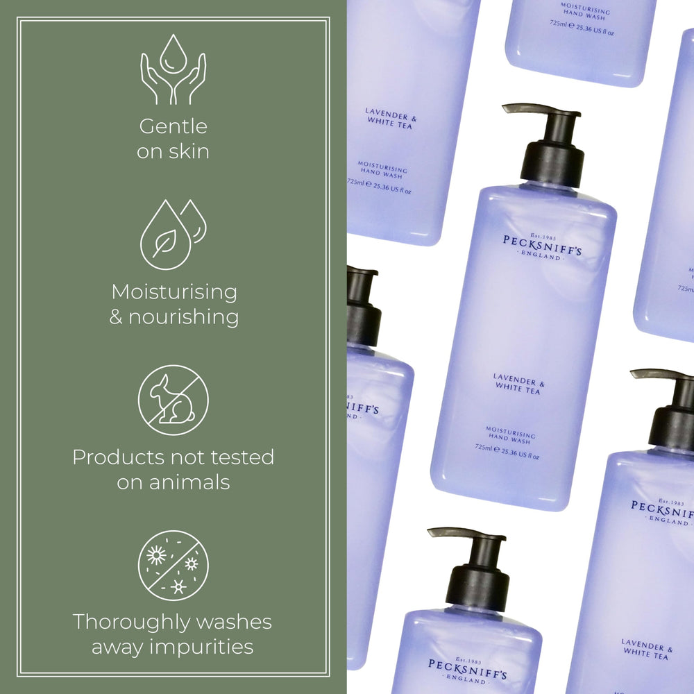 Pecksniff's Lavender & White Tea hand wash foam delivers rich lather.