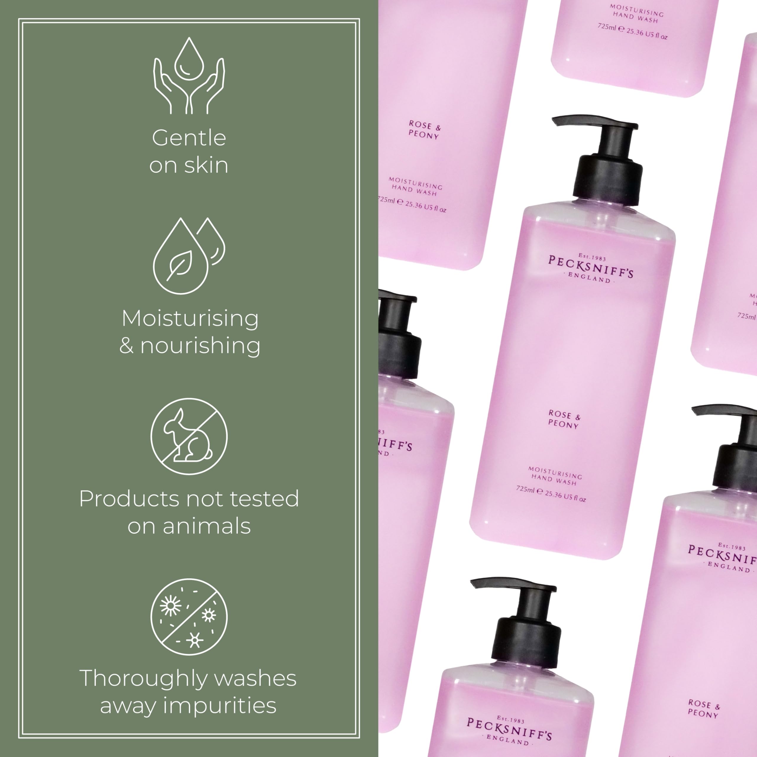 Pecksniff's Rose & Peony Hand Wash on an elegant bathroom shelf.