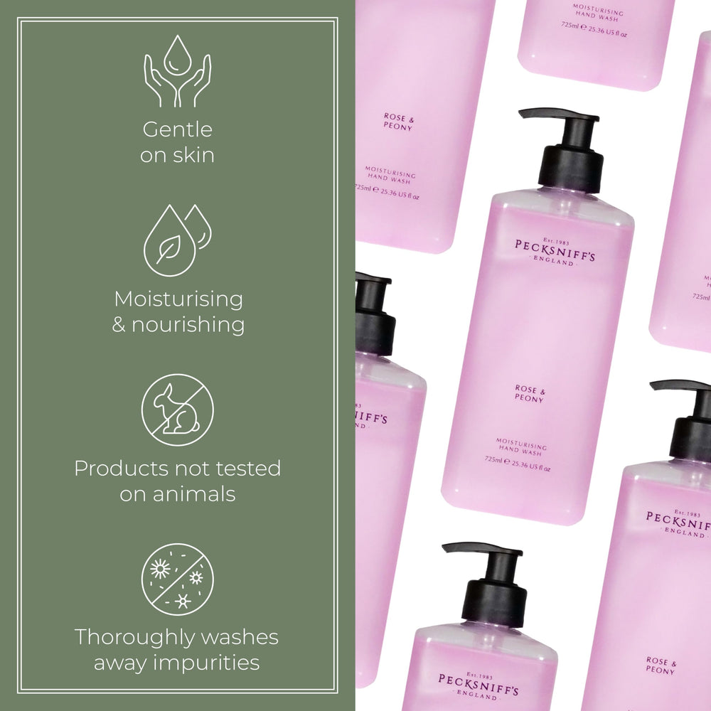 Pecksniff's Rose & Peony Hand Wash on an elegant bathroom shelf.