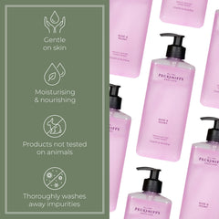 Pecksniff's Rose & Peony Hand Wash on an elegant bathroom shelf.