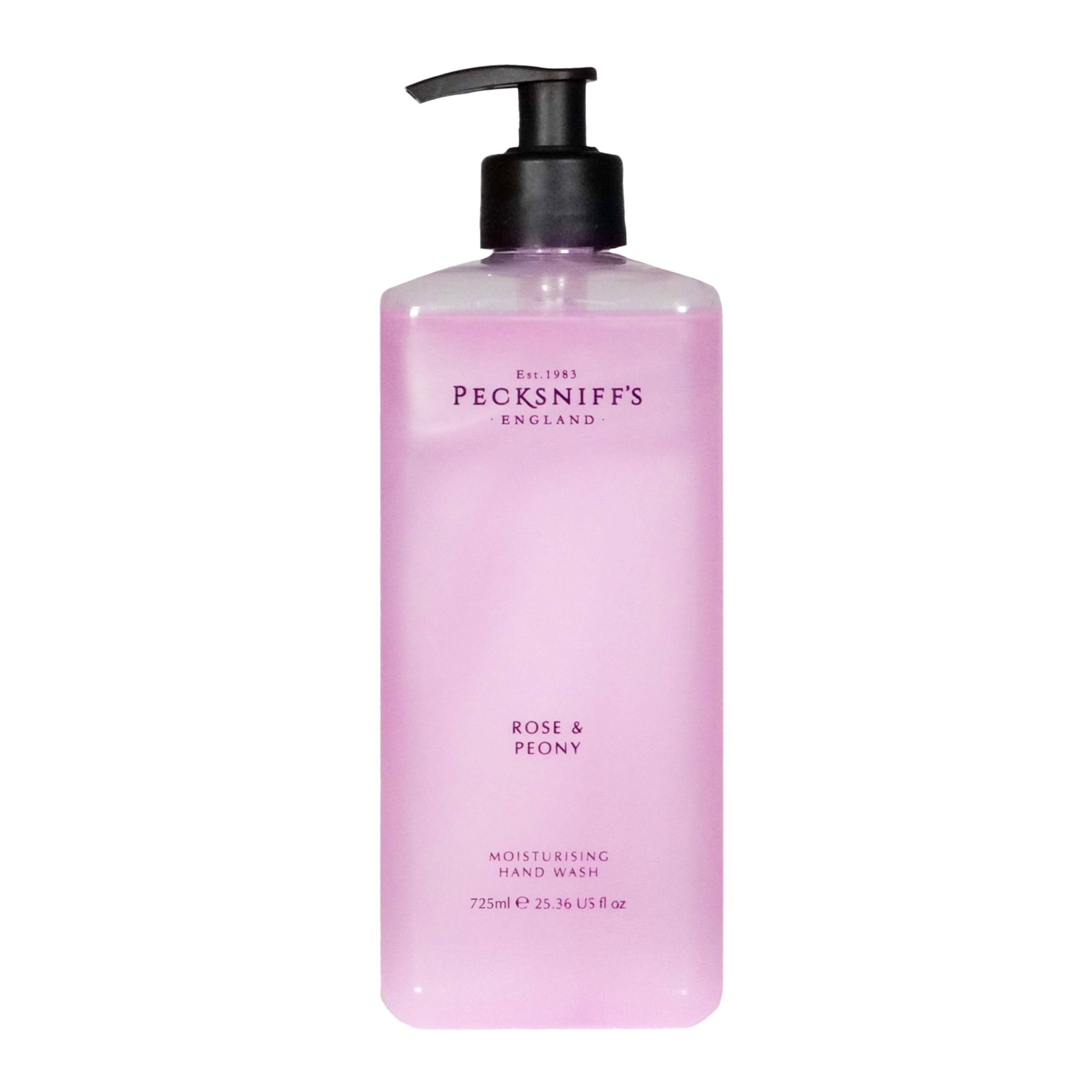 Pecksniff's Rose & Peony Hand Wash bottle showcases luxury fragrance and gentle cleansing.