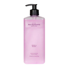 Pecksniff's Rose & Peony Hand Wash bottle showcases luxury fragrance and gentle cleansing.