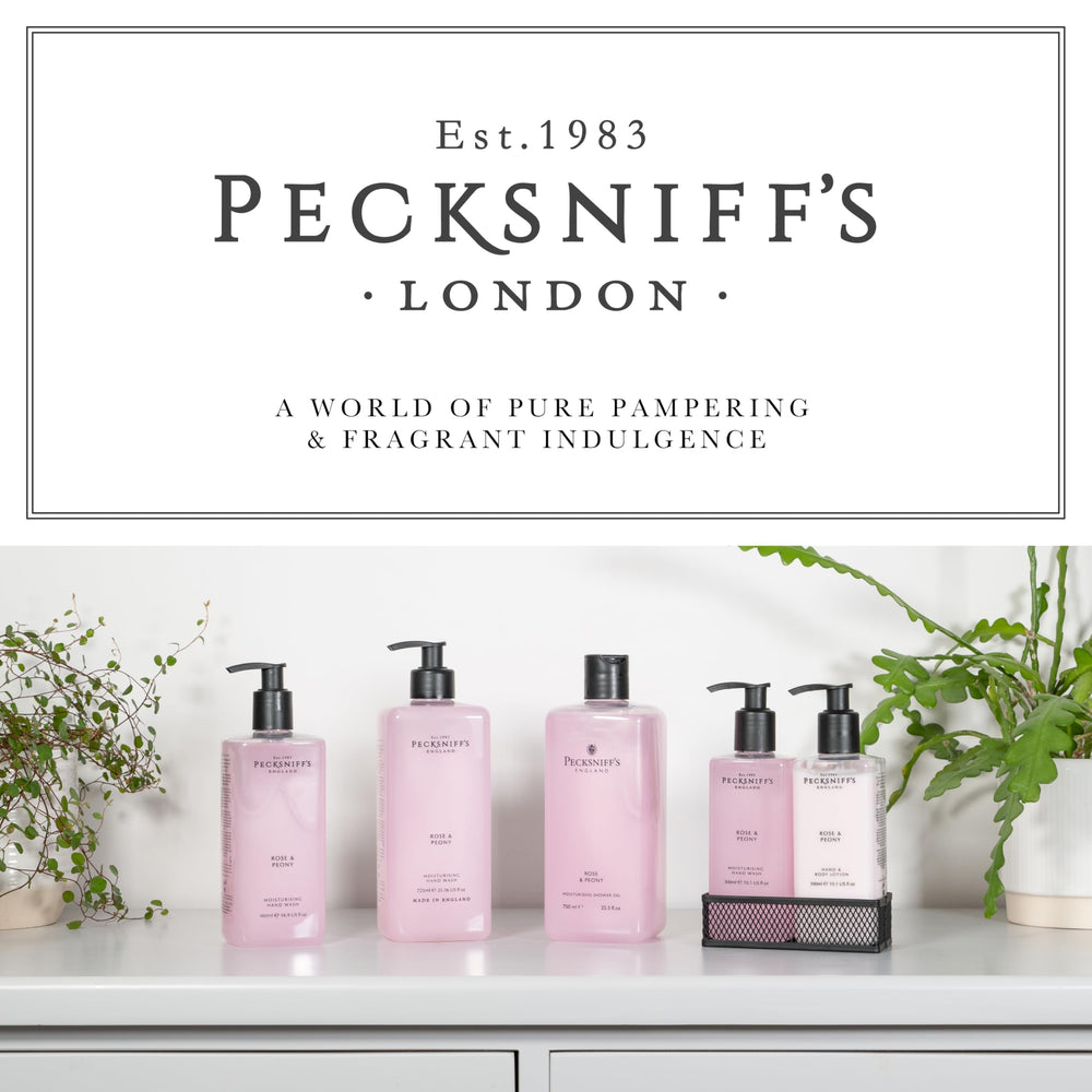 Pecksniff's Rose & Peony Hand Wash collection on display signals luxury.