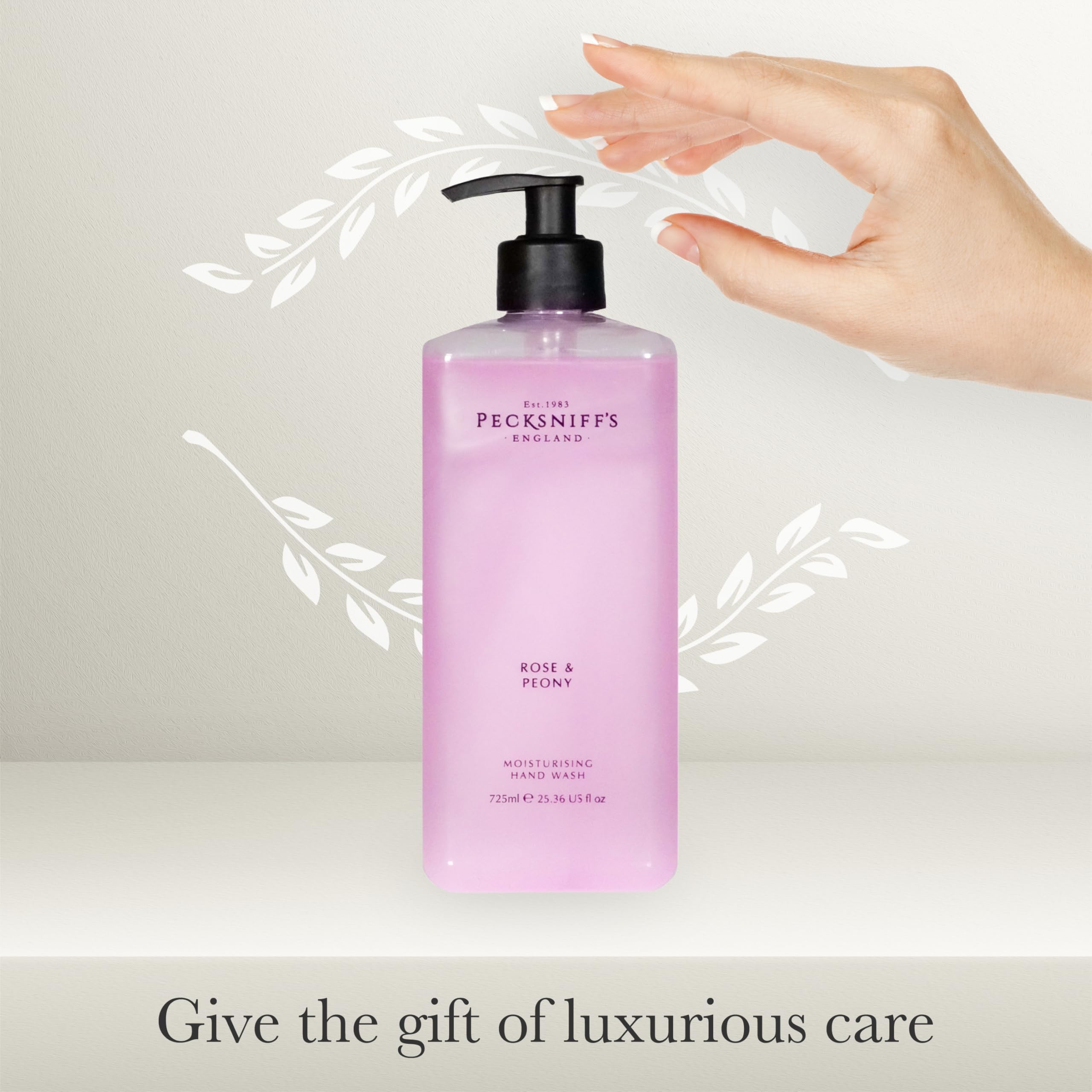 Pecksniff's Rose & Peony Hand Wash glass bottle embodies timeless English styling.