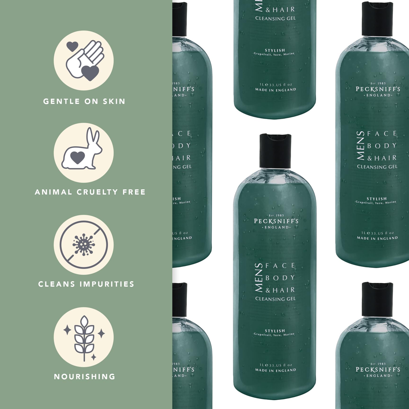 Pecksniff's Stylish 3-in-1 cleansing gel bottle closeup highlights premium packaging for daily use.
