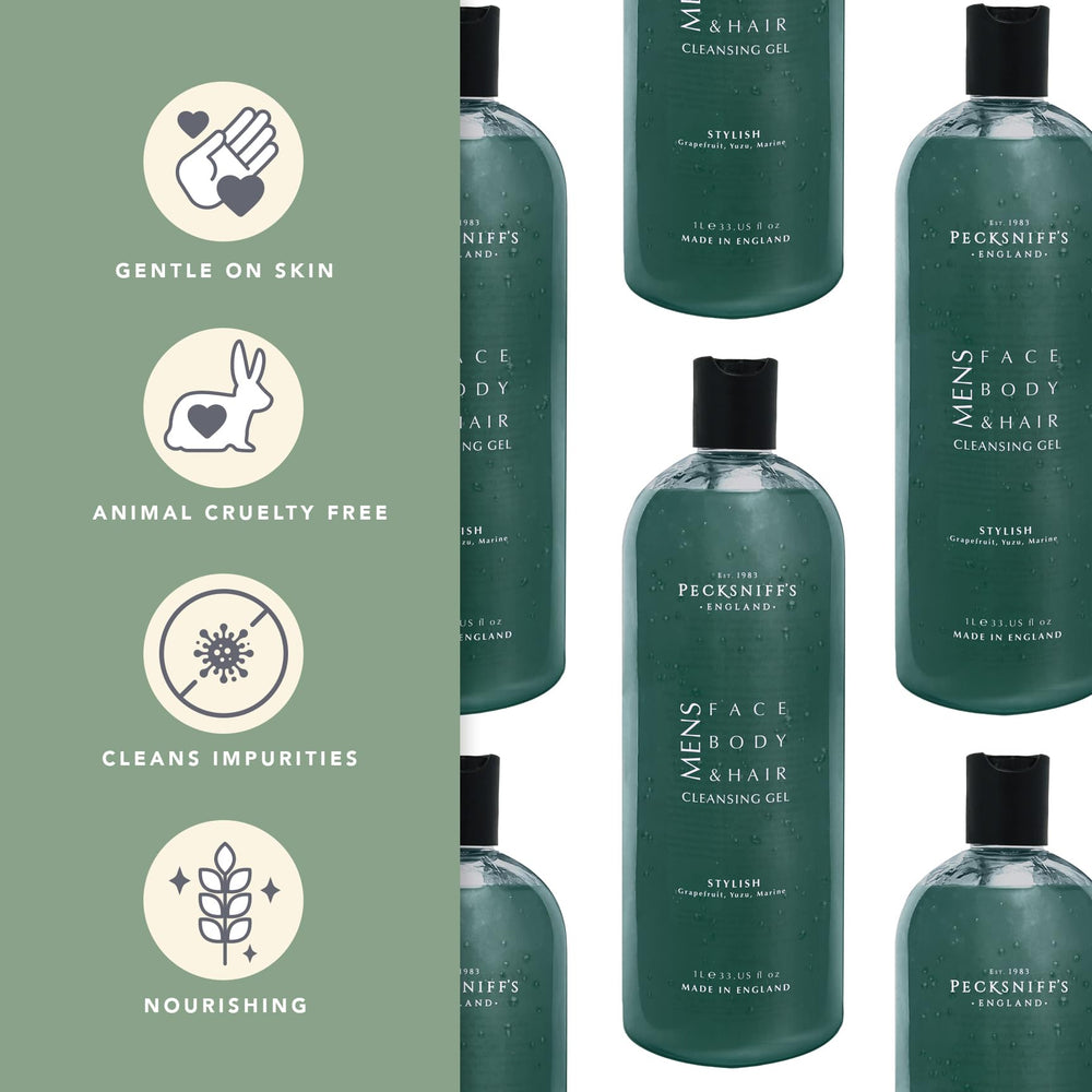 Pecksniff's Stylish 3-in-1 cleansing gel bottle closeup highlights premium packaging for daily use.