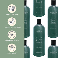 Pecksniff's Stylish 3-in-1 cleansing gel bottle closeup highlights premium packaging for daily use.