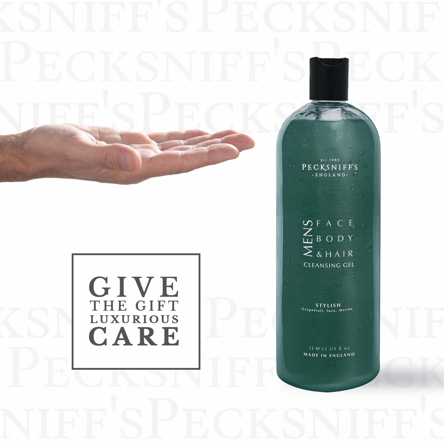 Pecksniff's Stylish 3-in-1 cleansing gel packaging on shelf.