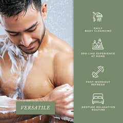 Pecksniff's Stylish 3-in-1 cleansing gel splash conveys energizing scent.