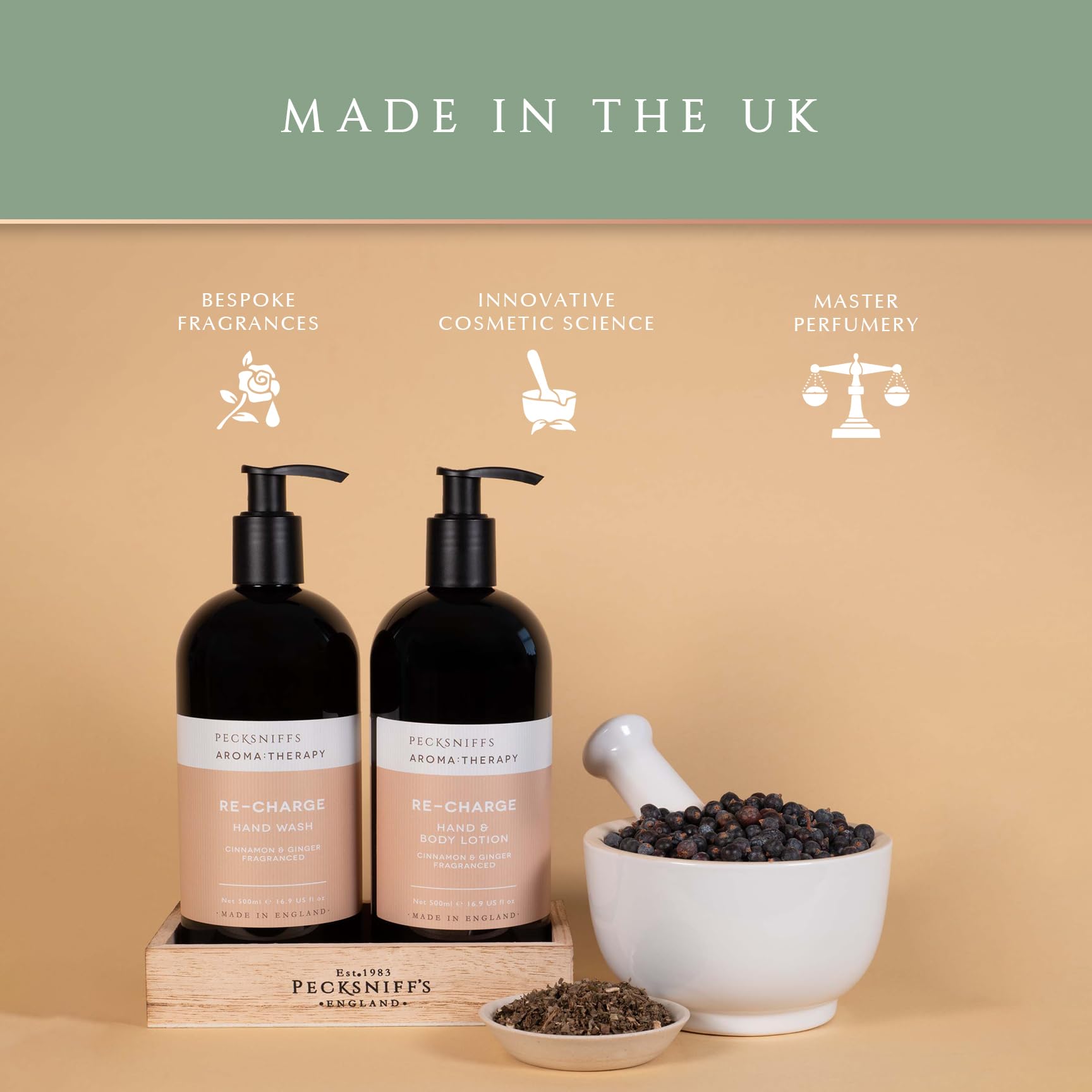 Elegant wooden caddy from Pecksniff's set on a bathroom vanity