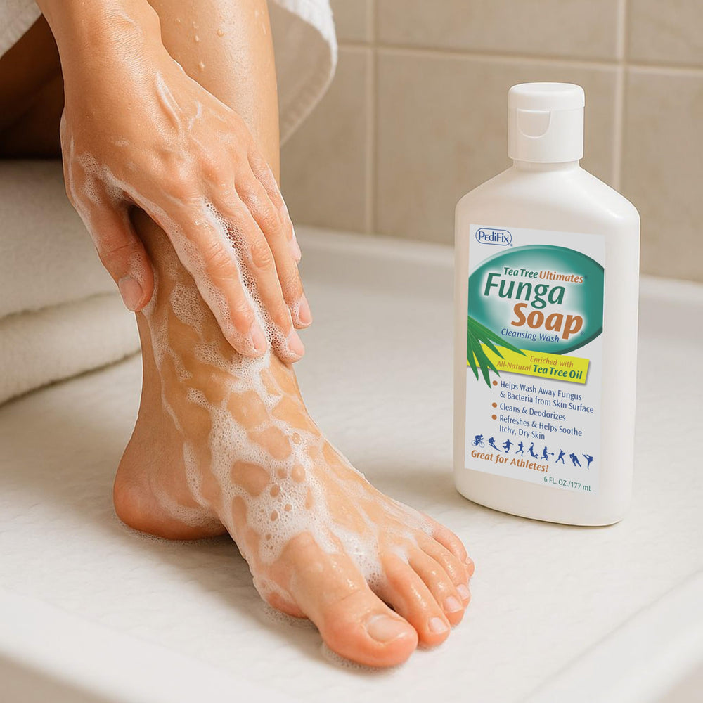 Pedifix FungaSoap Tea Tree body wash usage shown in shower