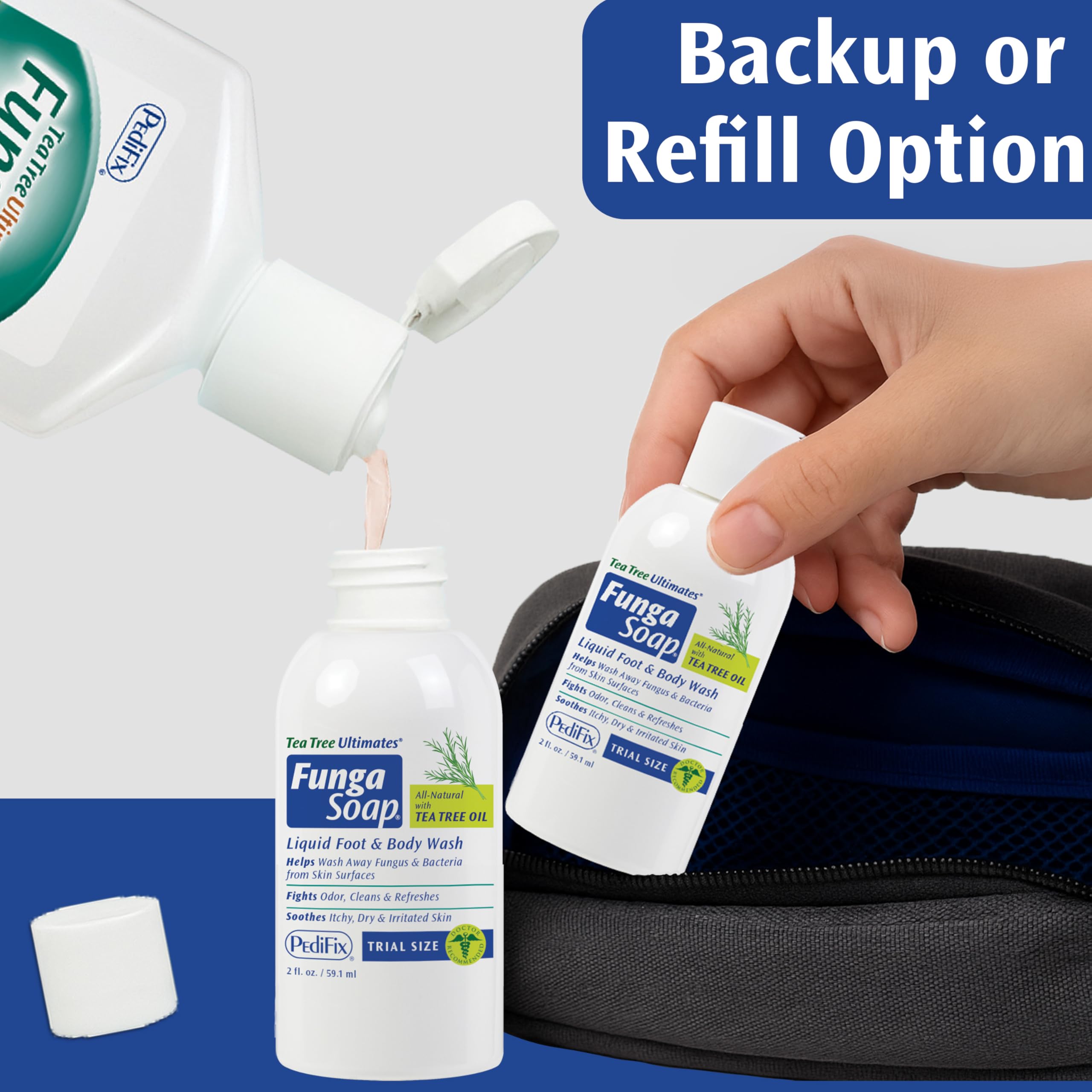 Pedifix FungaSoap travel size packaging shown for easy packing and on-the-go care.