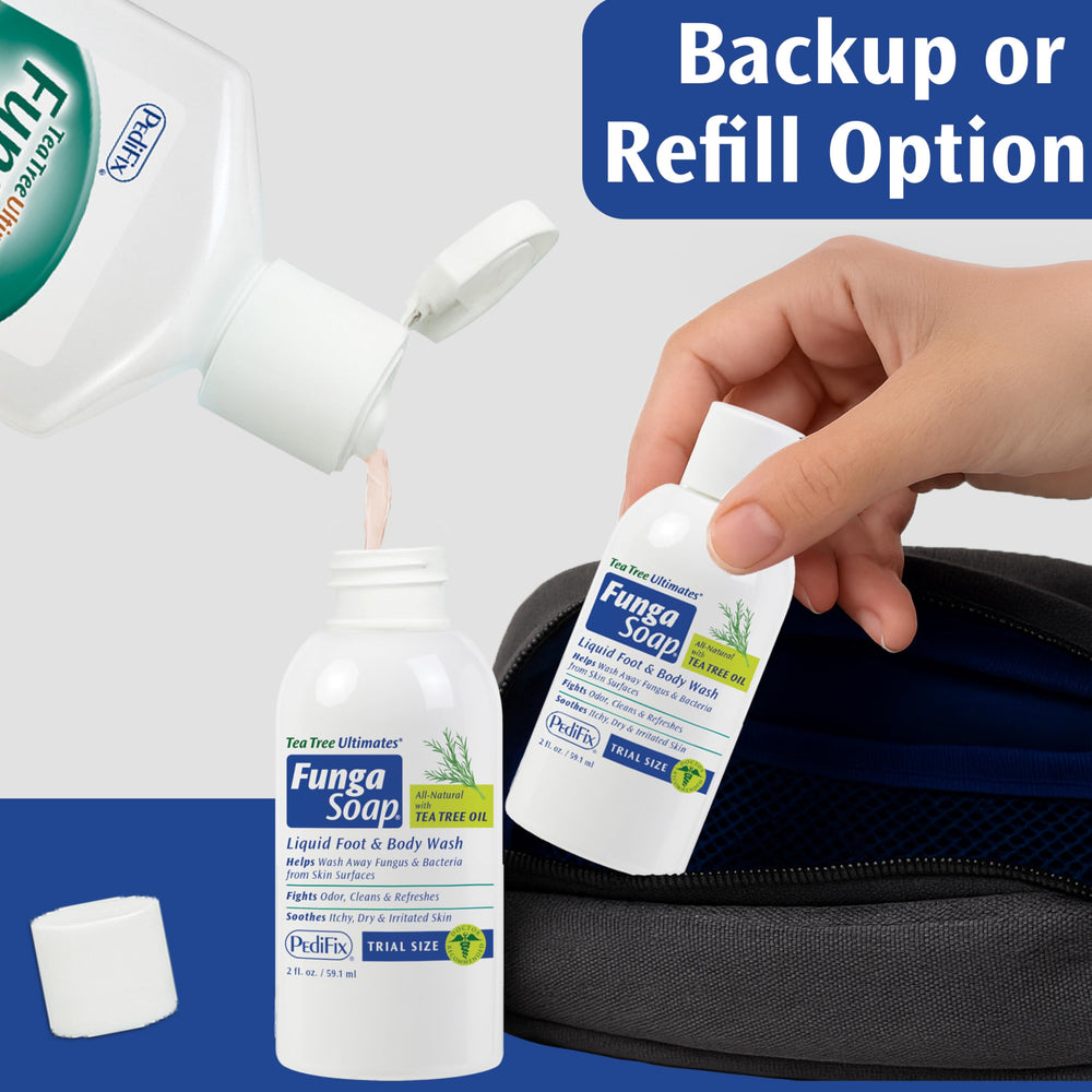 Pedifix FungaSoap travel size packaging shown for easy packing and on-the-go care.