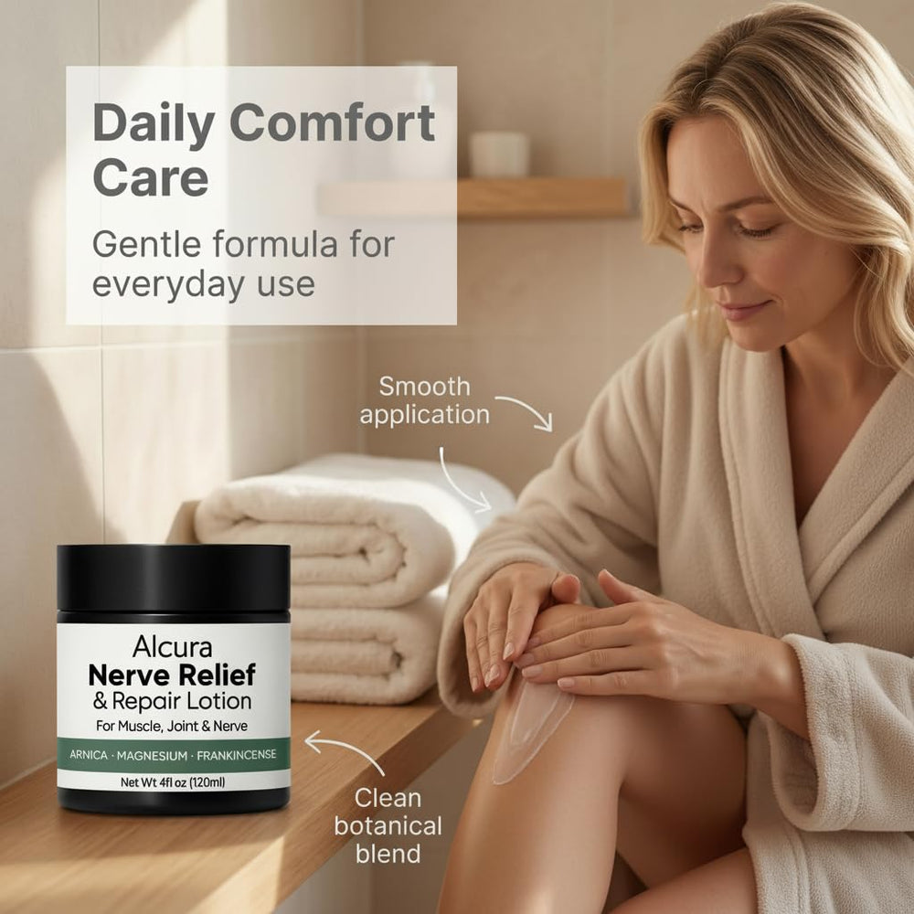 Foot care scene with Peehss Alcura Nerve Cream in daily routine.
