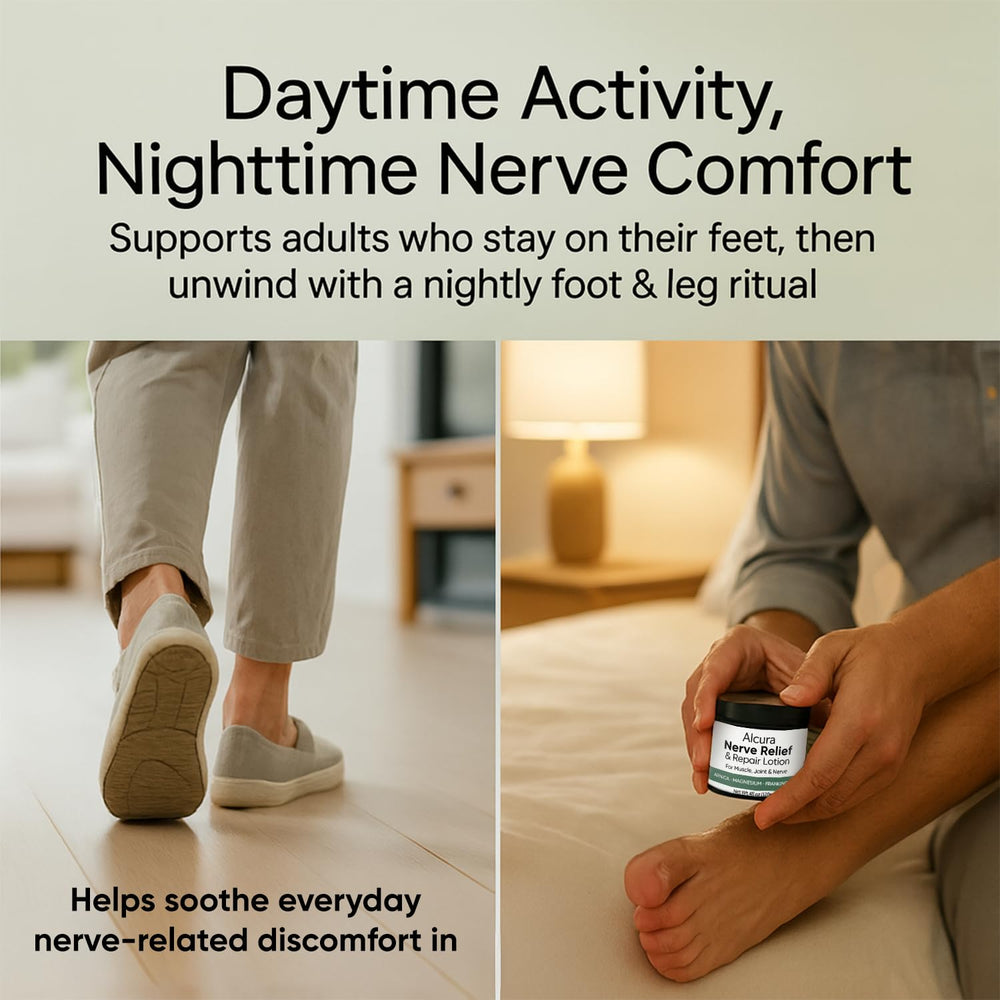Knee area application with Peehss Alcura Nerve Cream for daily use.