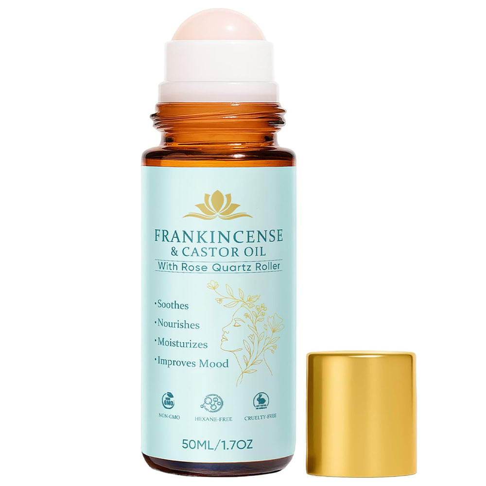 Peehss frankincense and castor oil rose quartz roller on face for gentle hydration.