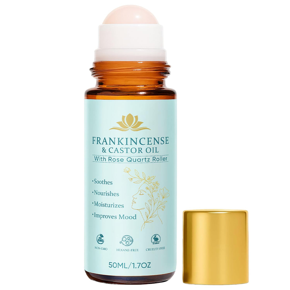 Peehss frankincense and castor oil rose quartz roller on face for gentle hydration.