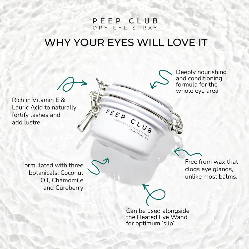Peep Club Soothing Coconut Eye Balm being gently applied along the lash line.
