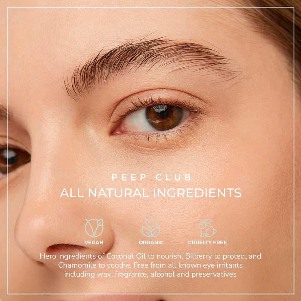 Peep Club Soothing Coconut Eye Balm chamomile and cureberry ingredients close-up.