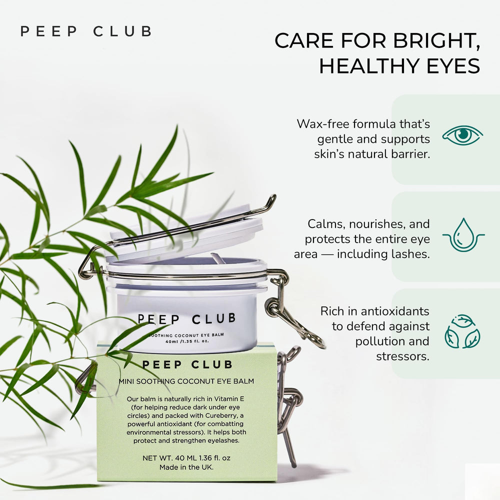 Peep Club Soothing Coconut Eye Balm tub close-up showing easy-to-use design for delicate skin.