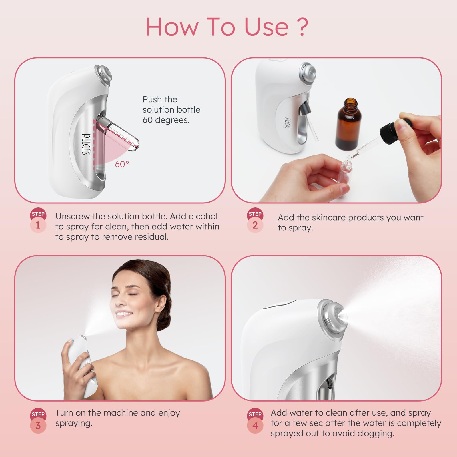 PELCAS Nano Facial Mister charging cable keeps device ready between uses.