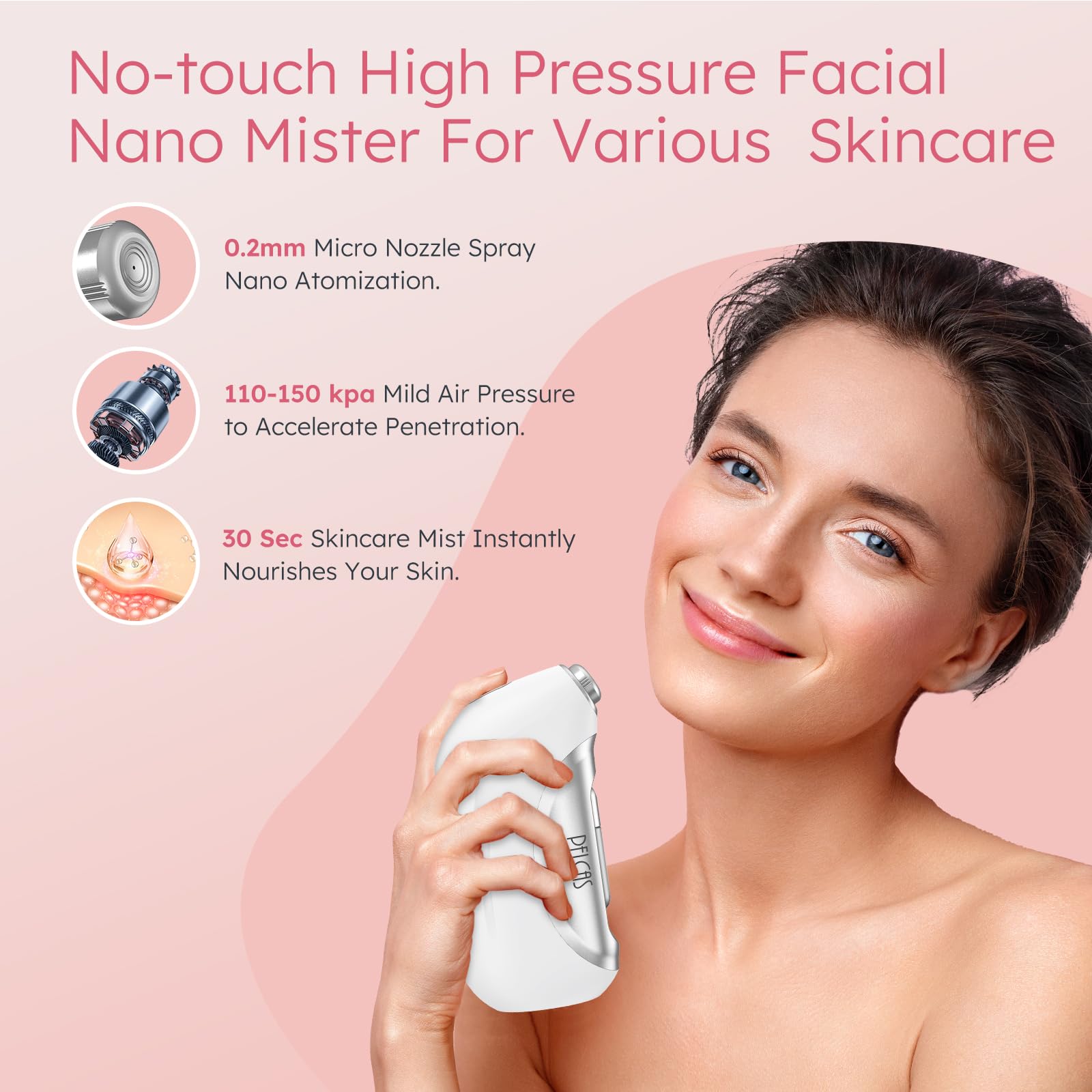 PELCAS Nano Facial Mister 0.2mm nozzle delivers ultra-fine mist for better absorption.