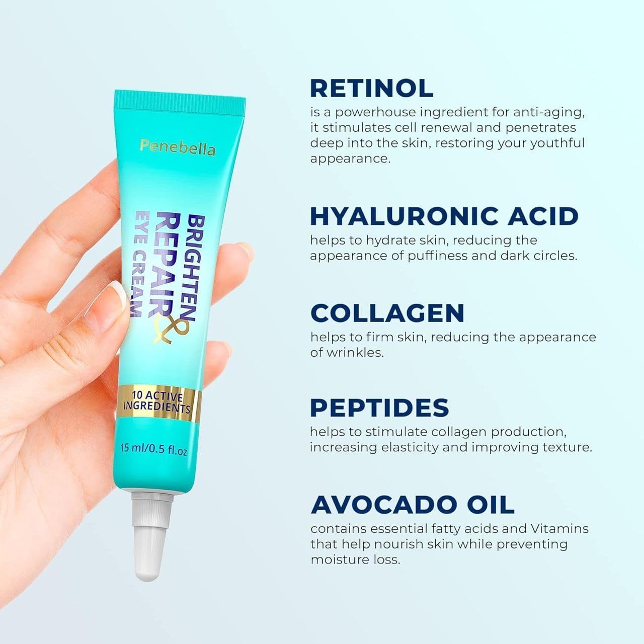 Penebella eye brightener features avocado oil for nourishing skin around eyes.