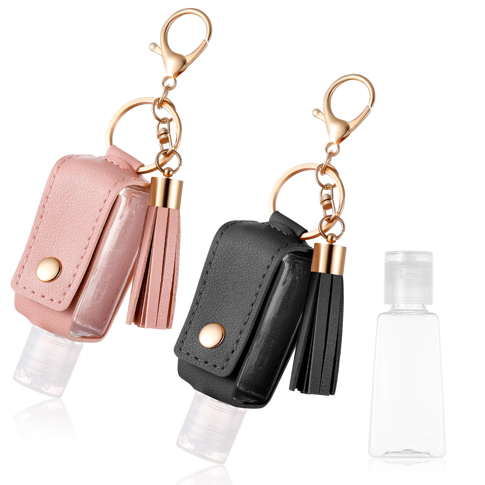 PEOVLVN leather sanitizer holder in black and pink clips to bags for quick access.