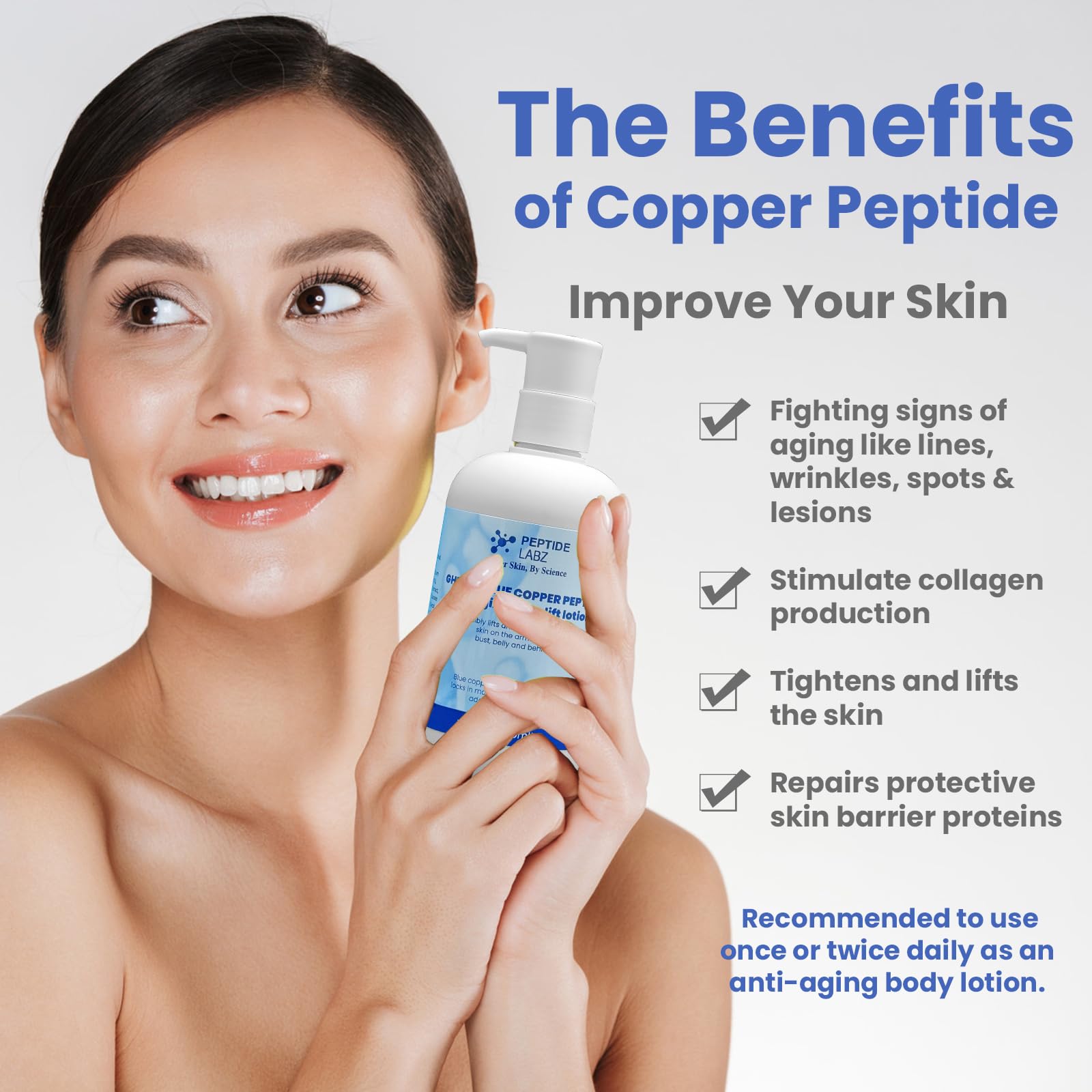 PeptideLabz Copper Peptide Lotion pump delivering quick absorption with a non-greasy feel.