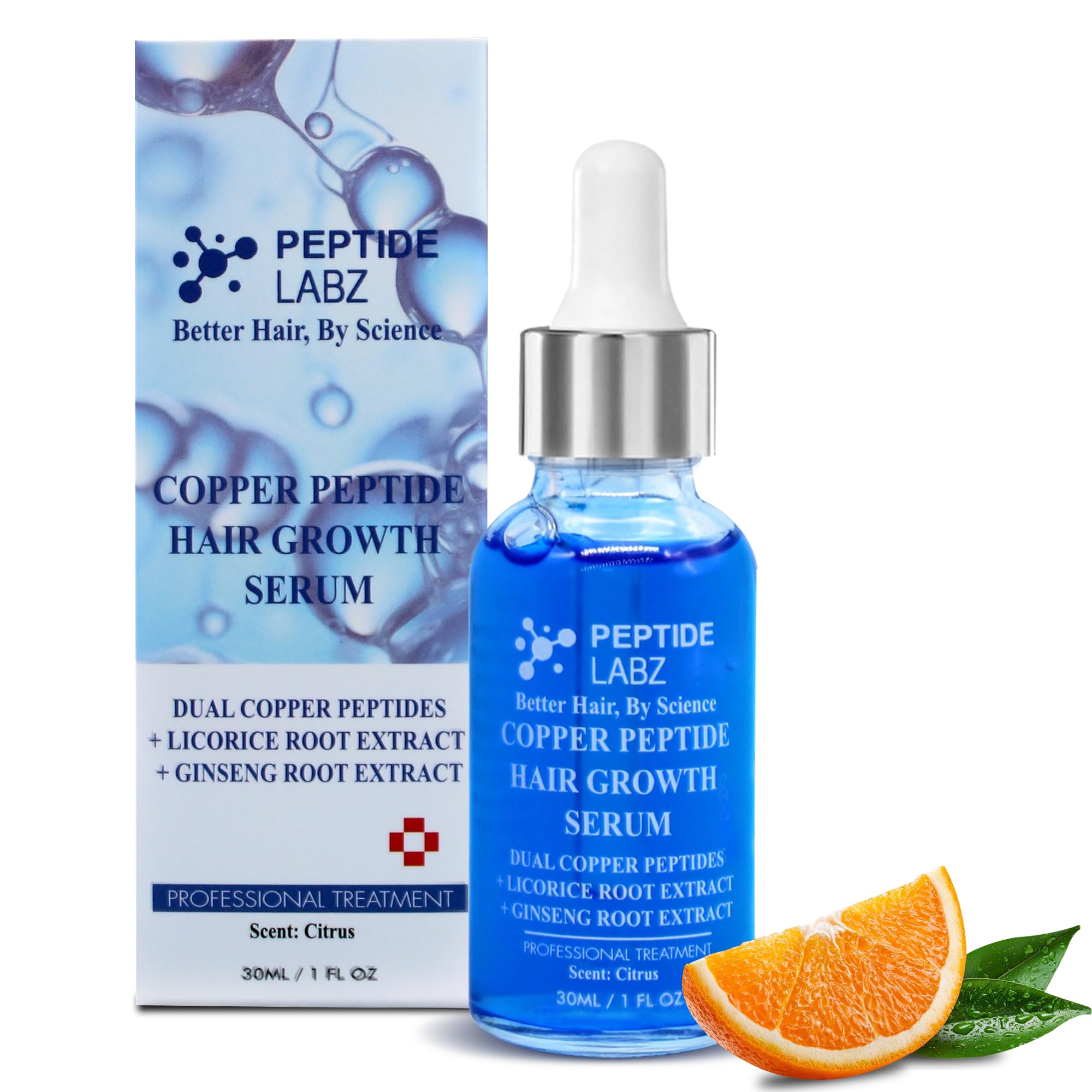 PeptideLabz Copper Peptide Hair Serum bottle shows lightweight scalp application.