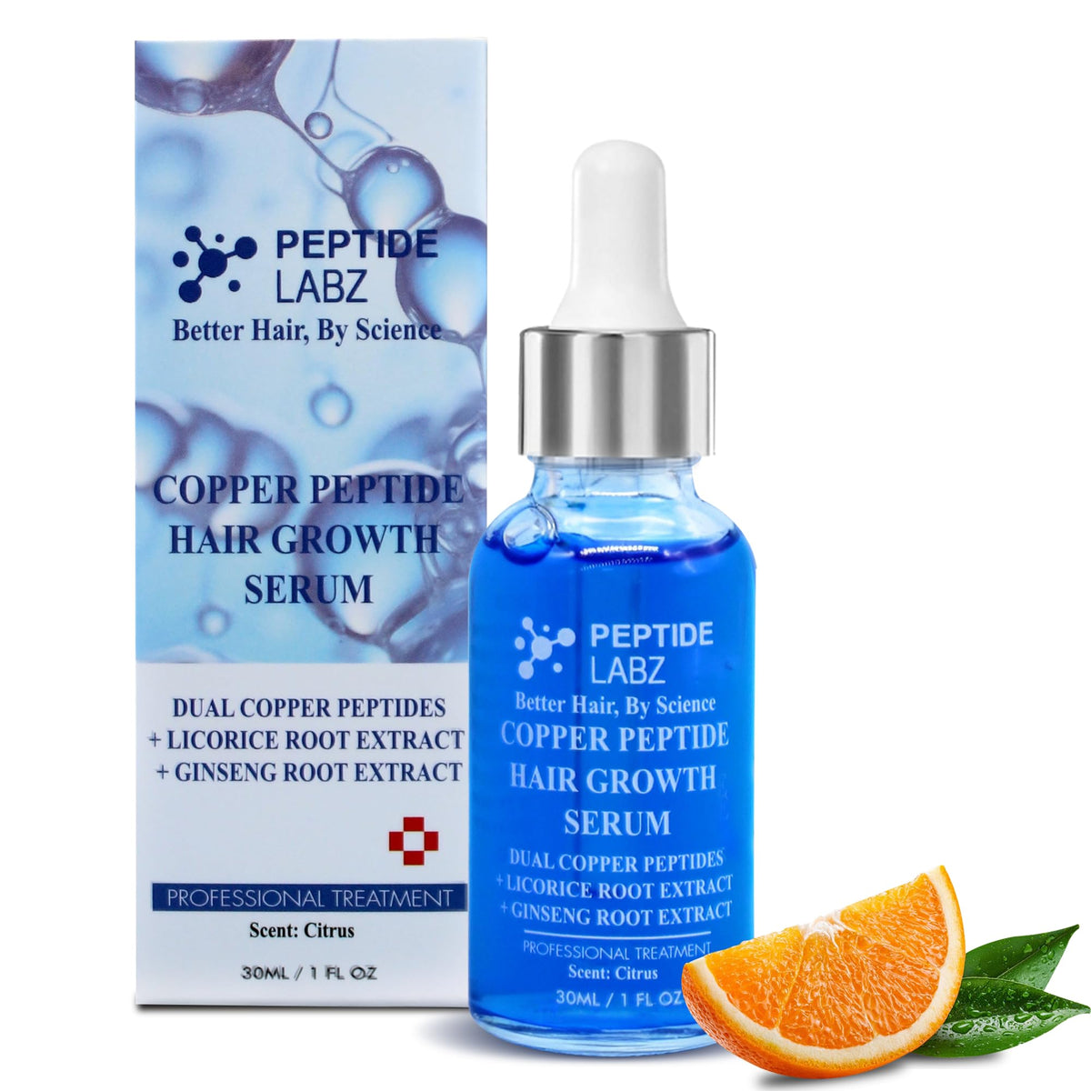 PeptideLabz Copper Peptide Hair Serum bottle shows lightweight scalp application.