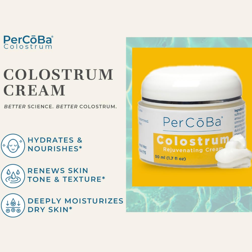 PERCOBA Colostrum Face Cream texture close-up shows non-greasy feel.