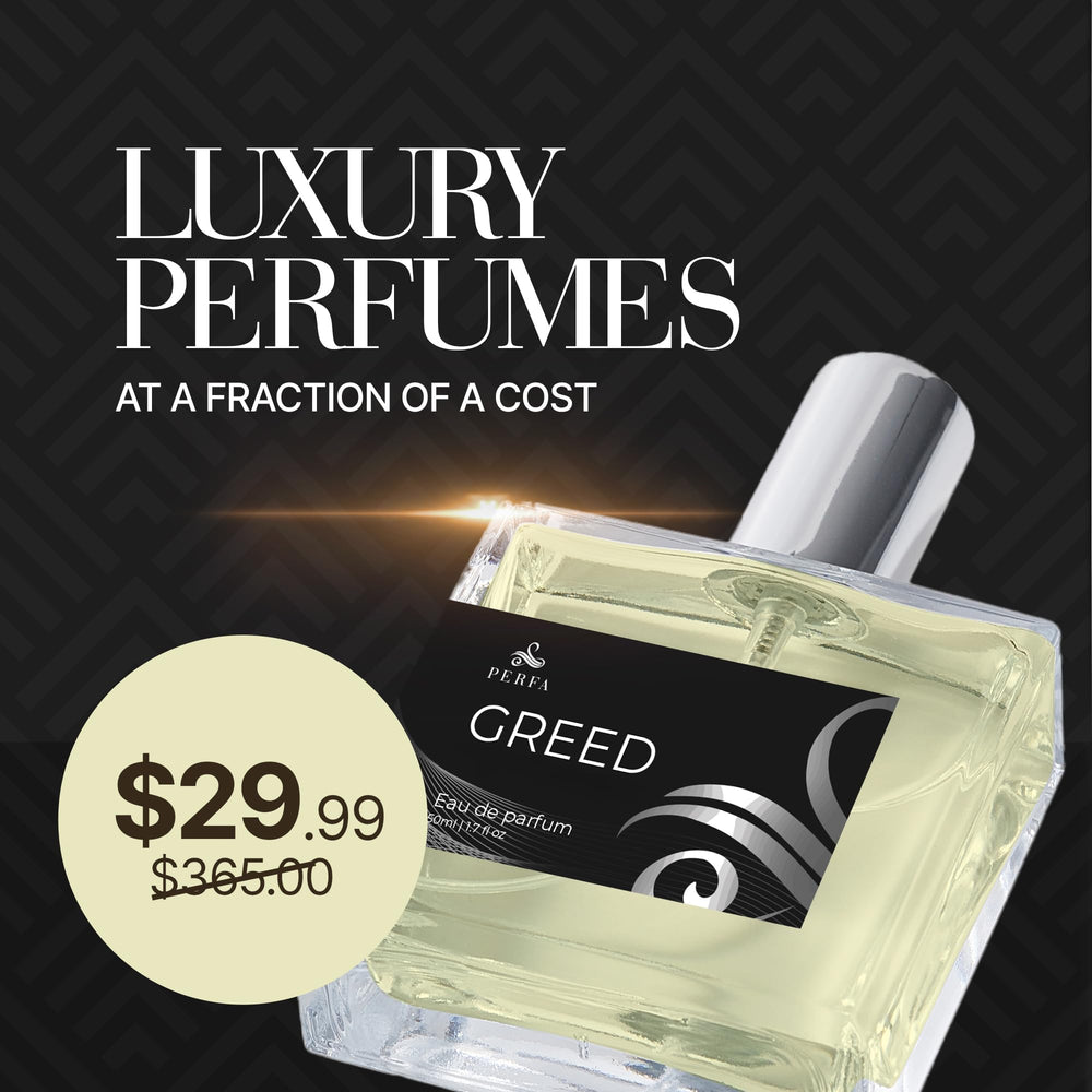 Perfa Greed label detail emphasizes brand quality and fragrance focus.