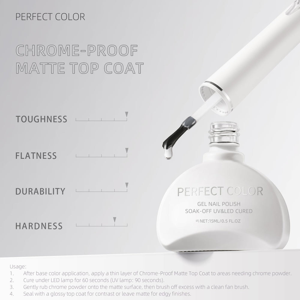 Chrome powder being applied on nails to create metallic effect on a matte surface with Perfect Color