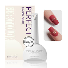 Perfect Color chrome-proof matte top coat bottle shown, long-lasting protection for nail color