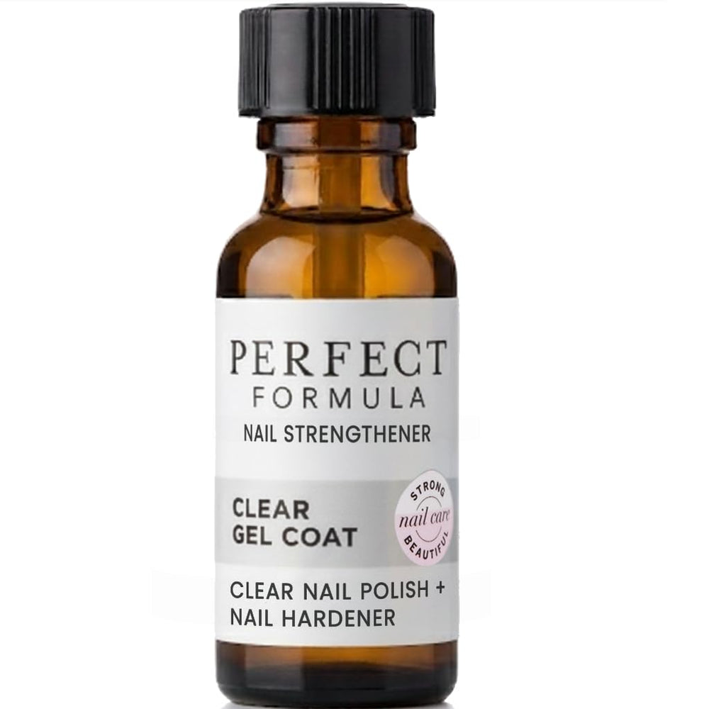Perfect Formula Clear Gel Coat bottle showing a glossy protective nail strengthening finish for natural nails.