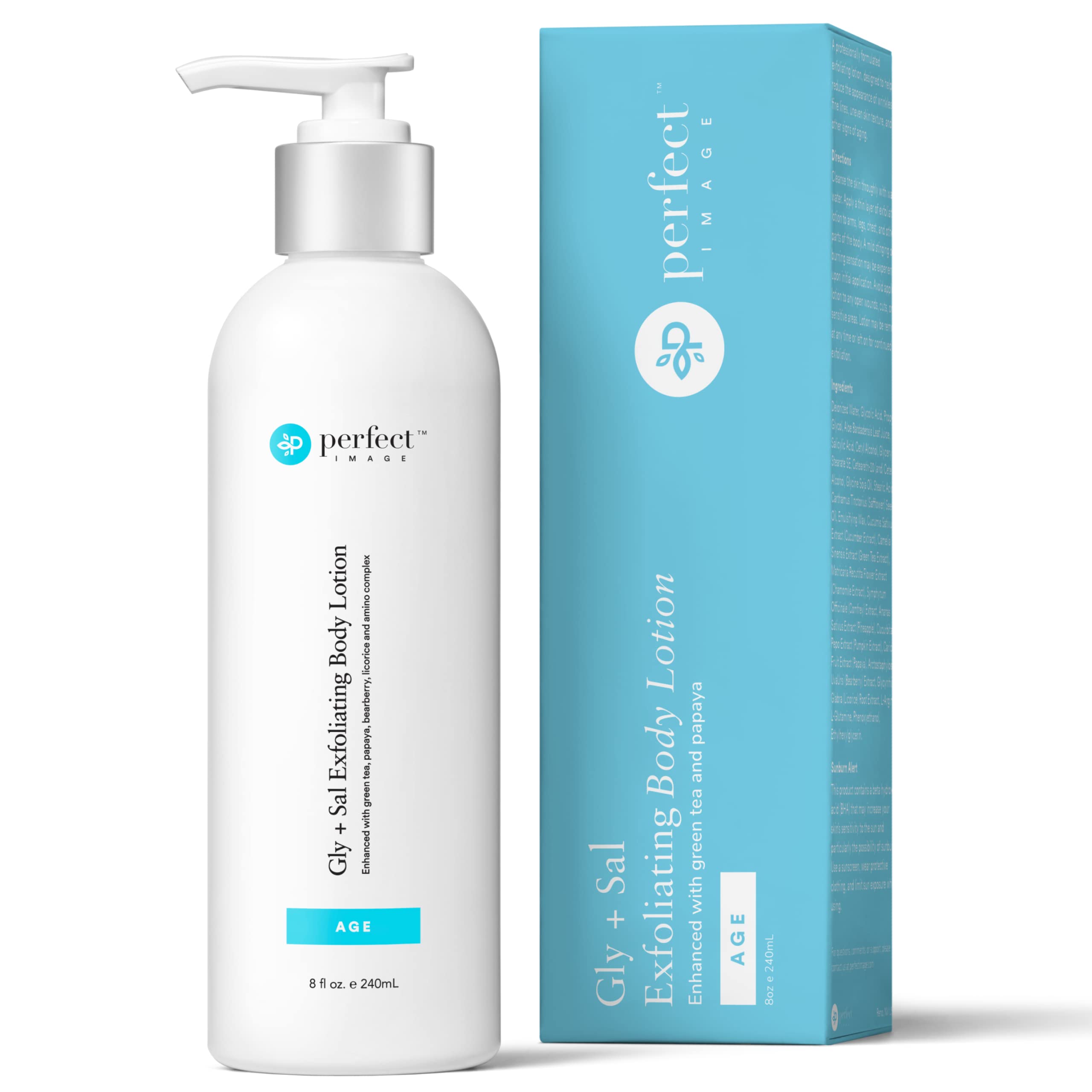 Perfect Image Gly + Sal lotion bottle shows lightweight hydration for large body areas