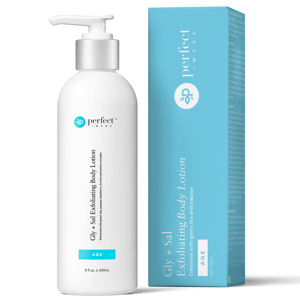Perfect Image Gly + Sal lotion bottle shows lightweight hydration for large body areas